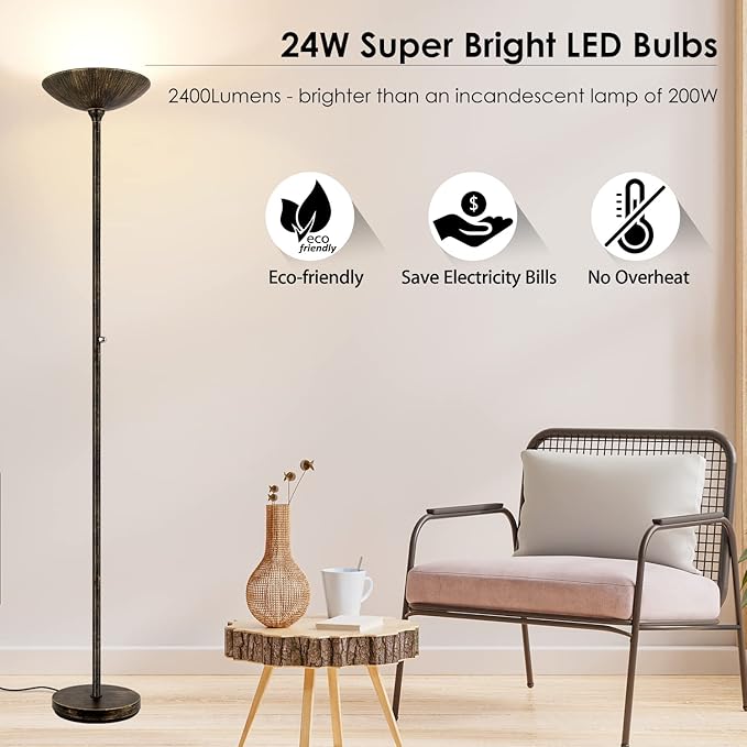 BoostArea Torchiere Floor Lamp Antique Bronze, 24W Super Bright LED Standing Lamp, 3000K Dimmable Pole Lamp with Rotary Switch, 70 Inch Tall Metal Modern Floor Lamps for Living Room/Bedroom/Office/Den - LeafyLoom