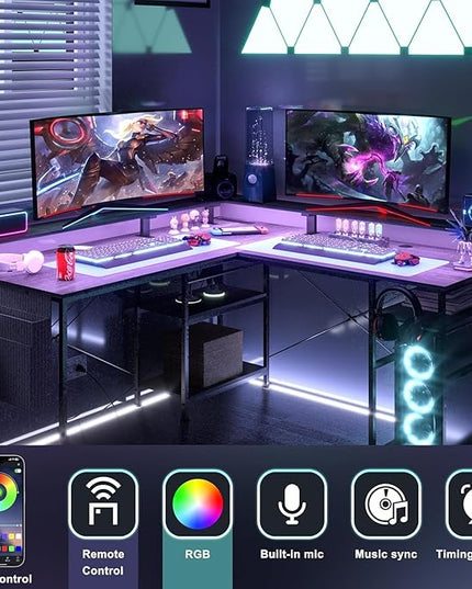 55 inch Gaming Desk with LED Lights, Computer Desk with Power Outlets, Monitor Stand, Storage Shelf, Headphone Hook, Home Office Desk Corner Desk - LeafyLoom
