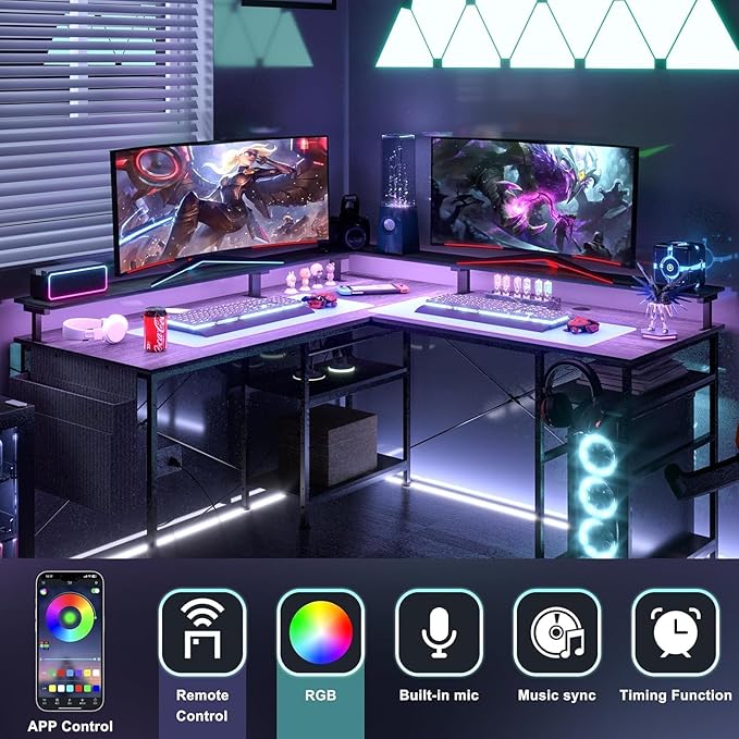 55 inch Gaming Desk with LED Lights, Computer Desk with Power Outlets, Monitor Stand, Storage Shelf, Headphone Hook, Home Office Desk Corner Desk - LeafyLoom