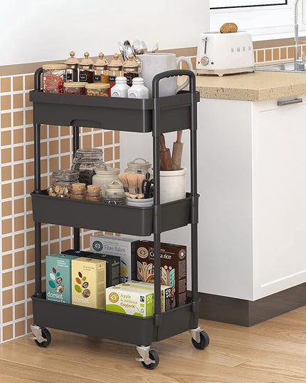 3-Tier Rolling Cart，Trolley with Drawer, Multifunctional Storage Organizer with Plastic Shelf & Metal Wheels, Kitchen Storage Cart for Living Room, Kitchen, Office, Bathroom, Black - LeafyLoom