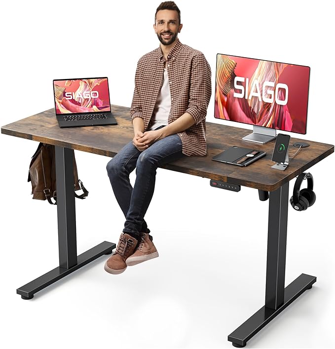 Electric Standing Desk Adjustable - 55 x 24 Inch Sit Stand up Desk with Cable Management - 3 Memory Preset Adjustable Height Desk Computer Home Office Desk - LeafyLoom