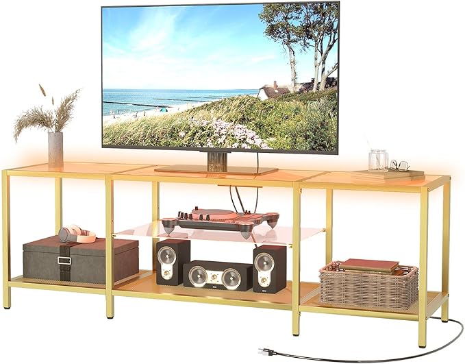 HOOBRO TV Stand with LED Lights and Power Outlets for TVs up to 75", Modern 63 Inch Tempered Glass TV Console Table with Open Shelves, Media Entertainment Center for Living Room, Gold GD165UDS01 - LeafyLoom