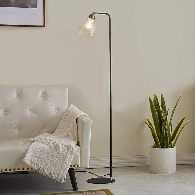 Black Floor Lamp, Contemporary Standing Lamp with Hanging Bubble Glass Lamp Shade, Industrial Light for Living Room Bedroom Farmhouse - LeafyLoom