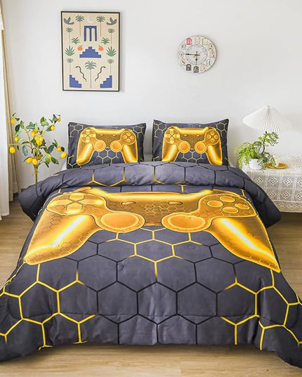 NTBED Game Console Comforter Set for Boys Girls Kids Geometric Lightweight Microfiber Bedding Sets (Gold, Full) - LeafyLoom