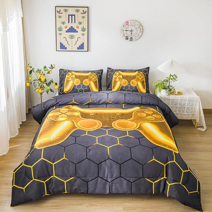NTBED Game Console Comforter Set for Boys Girls Kids Geometric Lightweight Microfiber Bedding Sets (Gold, Full) - LeafyLoom