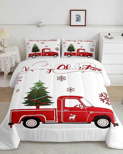 Christmas Tree Comforter Set Queen Size Red Truck Bedding Set Boys Girls Red Xmas Gift Snowflakes Comforter for Teens Bedroom Decor Elk Deer Christmas Decorations Bedding Duvet Set - LeafyLoom