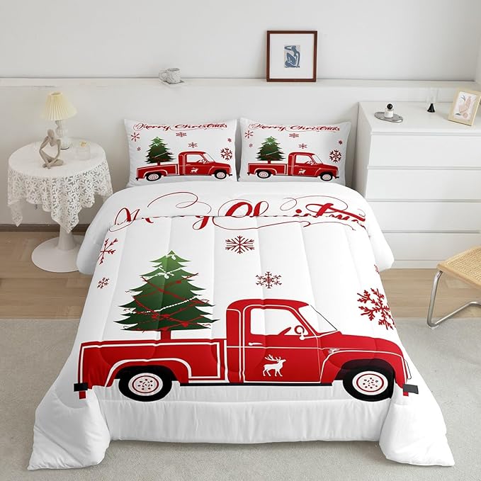Christmas Truck Bedding Set King Size Christmas Tree Comforter Set Boys Girls Red Xmas Gift Snowflakes Bedding Comforter Sets for Teens Bedroom Decor Elk Deer Christmas Decorations Quilt Duvet Set - LeafyLoom