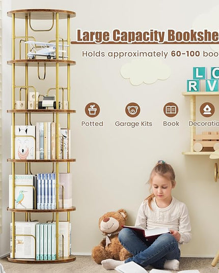 5 Tier Rotating Bookshelf, 360 ° Display Stackable Spinning Bookshelf Tower, Narrow Space Saving Tall Floor Standing Swivel Bookcase Corner Storage Organizer for Bedroom, Living Room, Gold - LeafyLoom