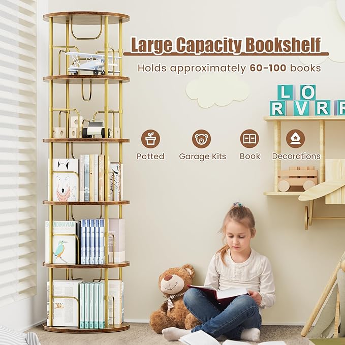 5 Tier Rotating Bookshelf, 360 ° Display Stackable Spinning Bookshelf Tower, Narrow Space Saving Tall Floor Standing Swivel Bookcase Corner Storage Organizer for Bedroom, Living Room, Gold - LeafyLoom