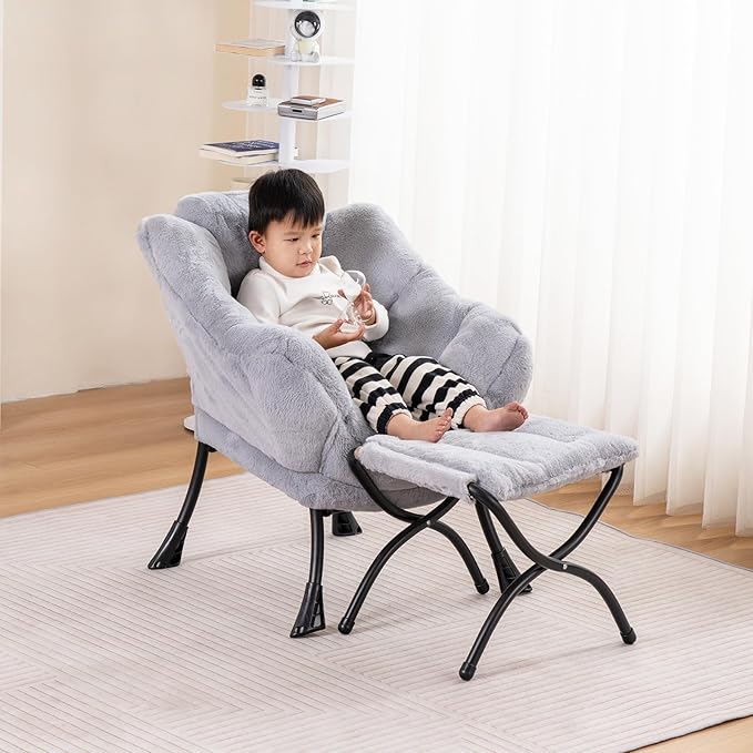 Welnow Toddler Kids Lazy Chair with Ottoman, Accent Comfy Lounge Children Armchair Couch with Armrest and Removable Cover, Detachable Reading Chair with Footrest for Boy or Girl, Plush Grey - LeafyLoom