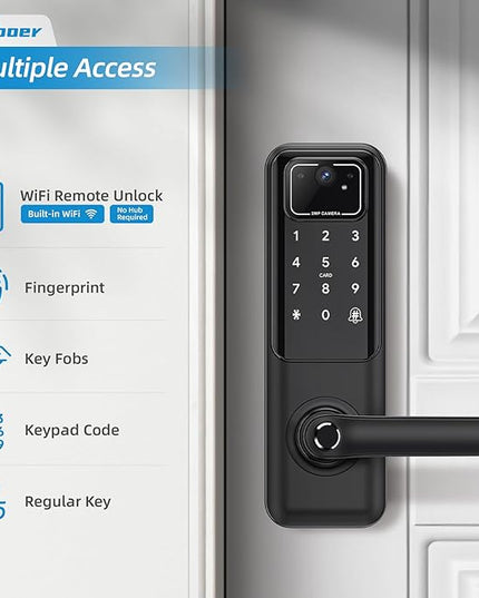 WiFi Video Smart Door Lock: Fingerprint Door Lock with Camera- Keyless Entry Door Lock with Handle - Electronic Digital Door Lock with Keypad - WiFi Smart Lock for Front Door, Black, H3 Pro Nyboer