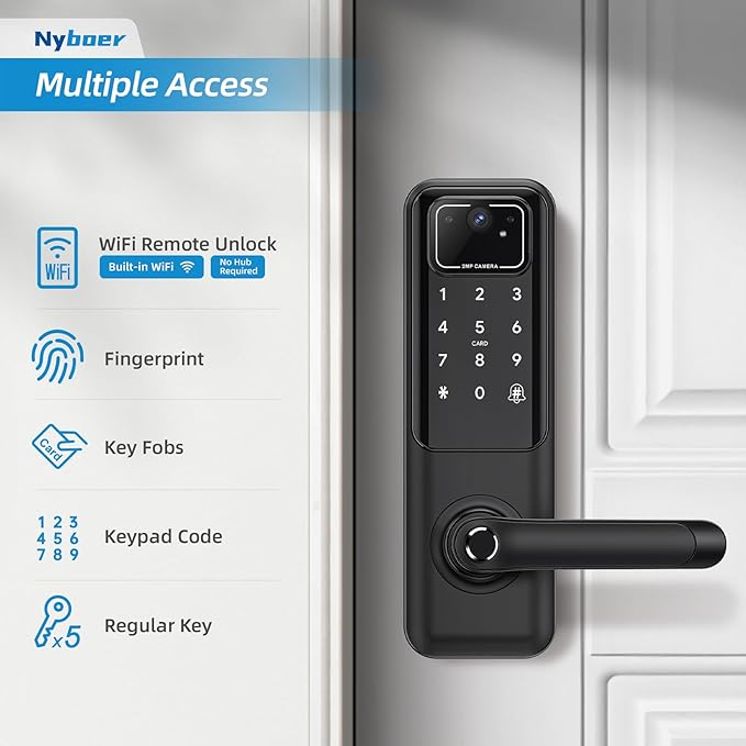 WiFi Video Smart Door Lock: Fingerprint Door Lock with Camera- Keyless Entry Door Lock with Handle - Electronic Digital Door Lock with Keypad - WiFi Smart Lock for Front Door, Black, H3 Pro Nyboer