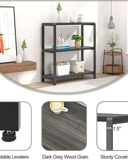 FOLUBAN Rustic Small Bookshelf and Bookcase, 3 Tier Low Short Book Shelf, Industrial Metal and Wood Book Case for Bedroom Living Room, Dark Gray - LeafyLoom