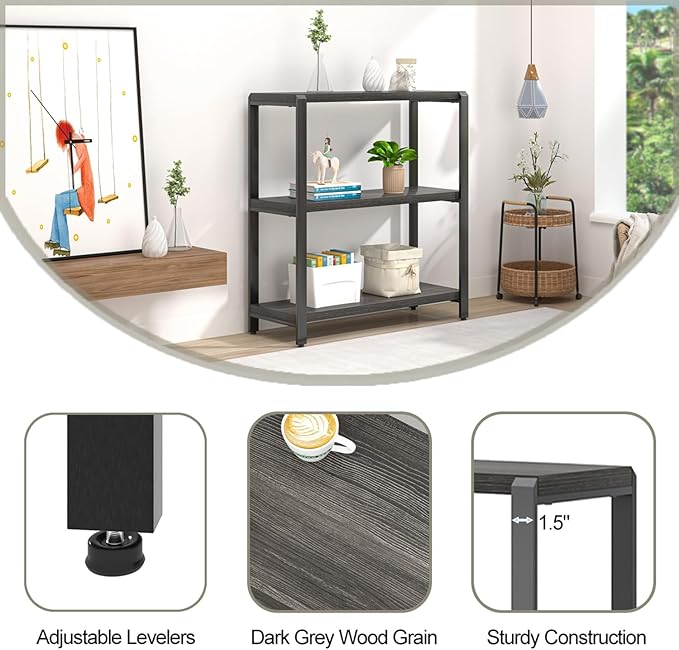 FOLUBAN Rustic Small Bookshelf and Bookcase, 3 Tier Low Short Book Shelf, Industrial Metal and Wood Book Case for Bedroom Living Room, Dark Gray - LeafyLoom