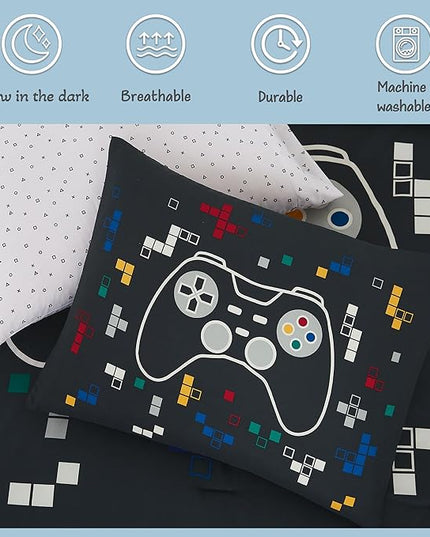 KALEIDOSPACE Kids Bedding Sets for Boys Girls, Glow in The Dark 5 Piece Gamer Twin Bed in A Bag, Ultra Soft Microfiber Kids Bedding for All Season (66"X86" - LeafyLoom