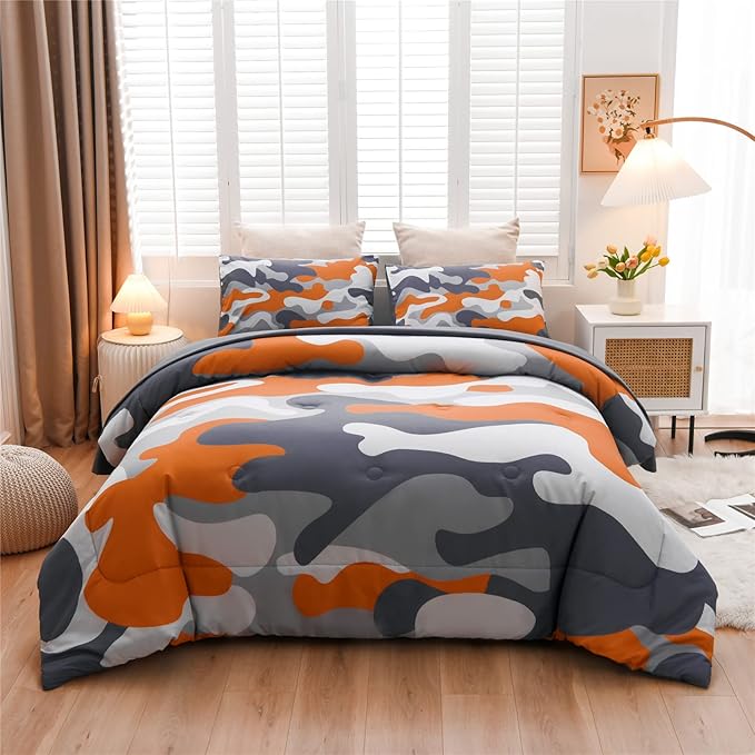 Meeting Story Kids Camo Bedding Set, Army Camouflage Bedding Twin Comforter Set for Boys Girls Teens Bedroom Decoration (Orange, Twin 5Pcs) - LeafyLoom