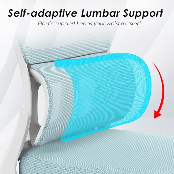 Soohow Ergonomic Home Office Chair, Mesh Desk Chair with Lumbar Support, Comfy Computer Desk Chair with Flip Armrest Rolling Wheels, Adjustable Headrest, Blue. - LeafyLoom