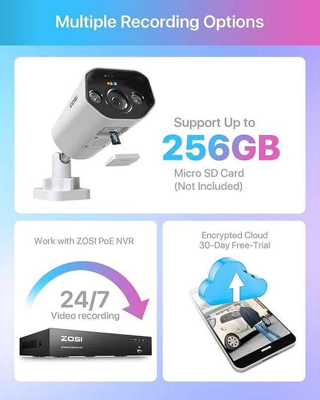 ZOSI 2PK 4K PoE Add-on Cameras with Ethernet Cables,Person/Vehicle Detection,2 Way Audio,Night Vision,Spotlight Siren,8MP Weatherproof Outdoor Indoor IP Security Camera Only Work 4K PoE NVR ZOSI