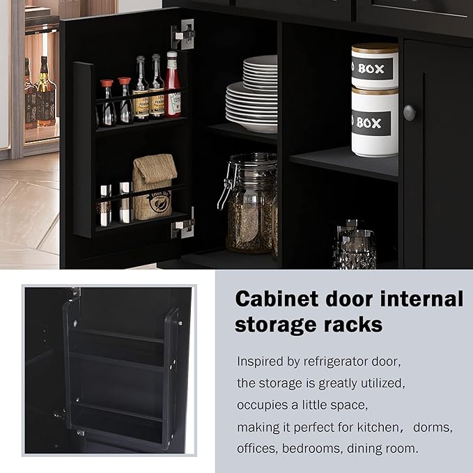 Kitchen Cart with Rubber Wood Drop-Leaf Countertop, Kitchen Island On 5 Wheels with Storage Cabinet, 3 Drawers and Internal Storage Racks, Rolling Mobile Portable Serving Carts (Black) - LeafyLoom