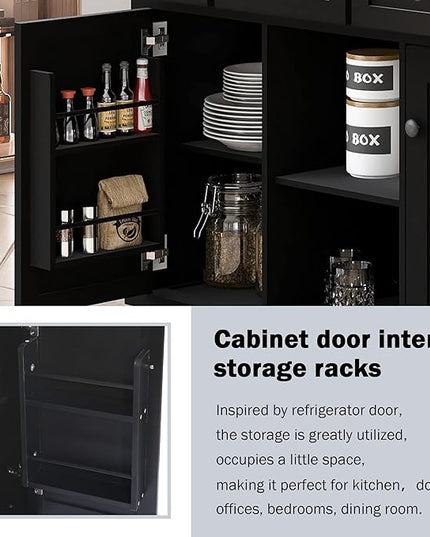 Kitchen Cart with Rubber Wood Drop-Leaf Countertop, Cabinet Door Internal Storage Racks, Kitchen Island on 5 Wheels with Storage Cabinet and 3 Drawers for Dinning Room, Black - LeafyLoom