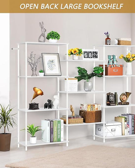 melos 4 Tier Bookshelf, Industrial Bookcase, Large Etagere Bookshelf Open Display Shelves with Metal Frame and 2 Anti-Tipping Strap, White - LeafyLoom
