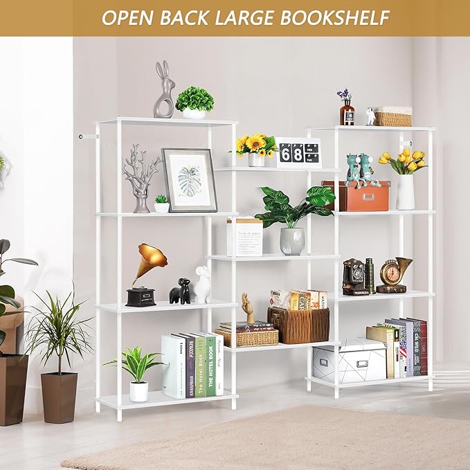 melos 4 Tier Bookshelf, Industrial Bookcase, Large Etagere Bookshelf Open Display Shelves with Metal Frame and 2 Anti-Tipping Strap, White - LeafyLoom