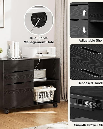 OLIXIS 3 Drawer File Cabinet Lateral Printer Stand with Adjustable Storage Shelves for Home Office Small Space, Black - LeafyLoom