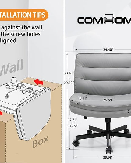 COMHOMA Criss Cross Chair with Wheels, Armless Wide Cross Legged Office Chair Mid Back, Modern Home Office Desk Chair Swivel Adjustable Vanity Computer Chair, Gray - LeafyLoom