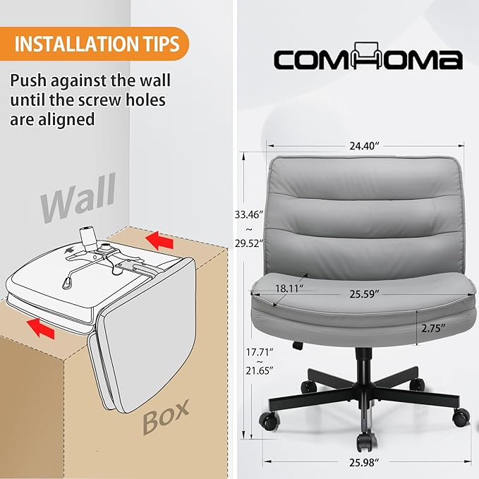 COMHOMA Criss Cross Chair with Wheels, Armless Wide Cross Legged Office Chair Mid Back, Modern Home Office Desk Chair Swivel Adjustable Vanity Computer Chair, Gray - LeafyLoom