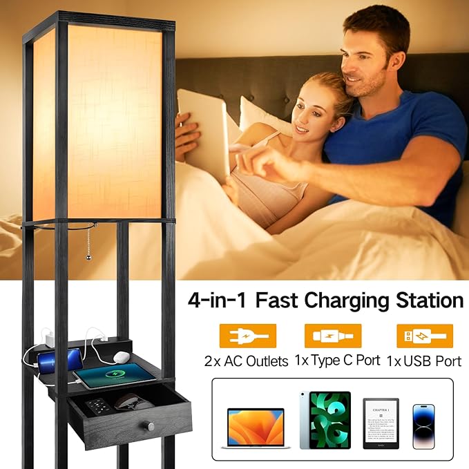 OUTON Dimmable Floor Lamp with Shelves, 1 Drawer, 2 USB-C Ports, 2 AC Outlets, LED Modern Floor Lamp with 3 Color Temperature, Storage Display Wood Standing Lamp for Living Room, Bedroom (Matte Black) - LeafyLoom