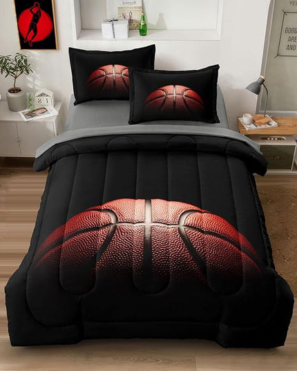 Teenage Boy Bedding Sets Full Size 5 Pieces Basketball Comforter Set for Boys Bed in a Bag Set, Basketball Bedding Full, Red Black - LeafyLoom