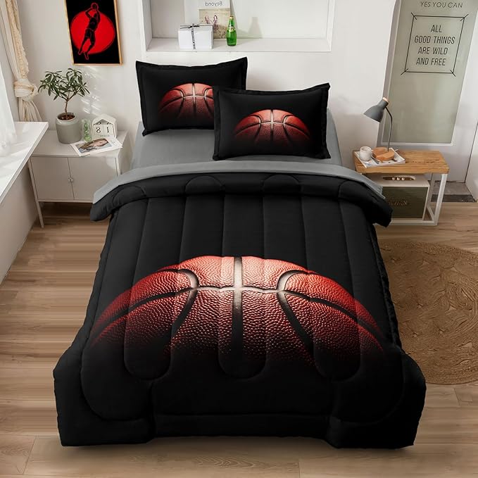 Teenage Boy Bedding Sets Full Size 5 Pieces Basketball Comforter Set for Boys Bed in a Bag Set, Basketball Bedding Full, Red Black - LeafyLoom