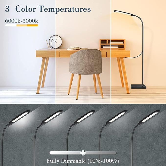 Syrinx LED Floor Lamp, 2 in 1 Standing Lamp with 3 Color Temperatures, Stepless Dimmable Table Lamps Floor Standing Lamps for Home Office Studying Reading Bedside 10W LED Desk Light - Black - LeafyLoom
