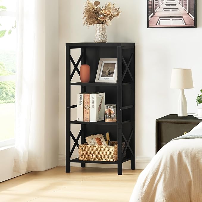 Bookcase, Industrial Small Bookshelf,4-Tier Narrow Bookcase Storage Organizer, Small Book Shelf for Small Spaces, Living Room, Bedroom and Home Office, Black - LeafyLoom