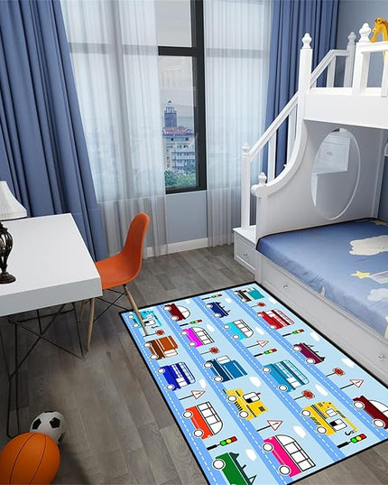 Car Rug Car Play Mat Kids Rugs for Playroom Car Rug Play Mat Rugs for Boys Bedroom Car Carpet for Kids Play Rug for Cars and Trucks Car Rug for Boys Room,Light Blue 3'×5' - LeafyLoom