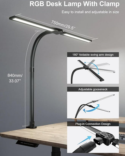 RGB Double Swing Arm Desk Lamp - 24W Ultra Bright Auto Dimming Desk Light, Multi-Angle Adjustment, Touch Control Desktop Lamp- Ideal for Home Office, Gaming, Reading, Work - LeafyLoom