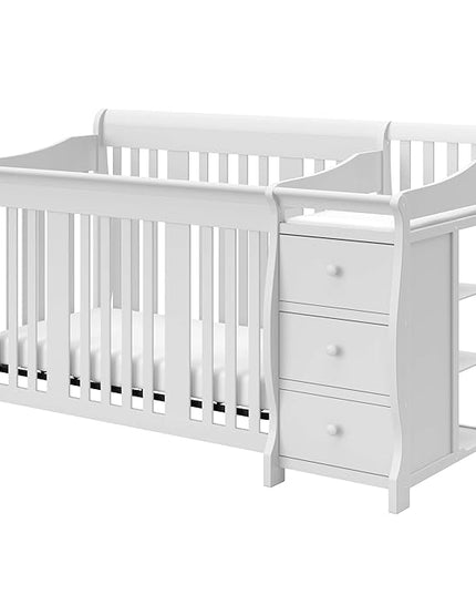 Storkcraft Portofino 5-in-1 Convertible Crib and Changer (White) – Changing-Table Combo with Drawer, Converts to Toddler Bed, Daybed Full-Size Storage Drawer - LeafyLoom