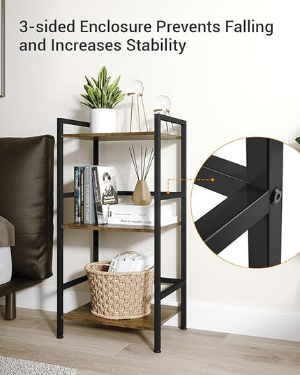 ELYKEN Small Bookshelf, 3-Tier Bookcase with Metal Frame, Vintage Display Book Shelf, Freestanding Open Organizer Shelves for Office Study Living Room, Bedroom, Rustic Brown - LeafyLoom