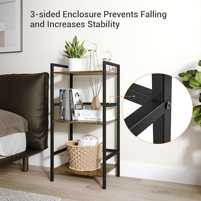ELYKEN Small Bookshelf, 3-Tier Bookcase with Metal Frame, Vintage Display Book Shelf, Freestanding Open Organizer Shelves for Office Study Living Room, Bedroom, Rustic Brown - LeafyLoom