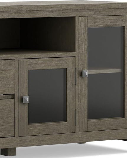 SIMPLIHOME Cosmopolitan SOLID WOOD Universal TV Media Stand, 72 inch Wide, Contemporary, Living Room Entertainment Center with Storage, for Flat Screen TVs up to 80 inches in Farmhouse Grey - LeafyLoom