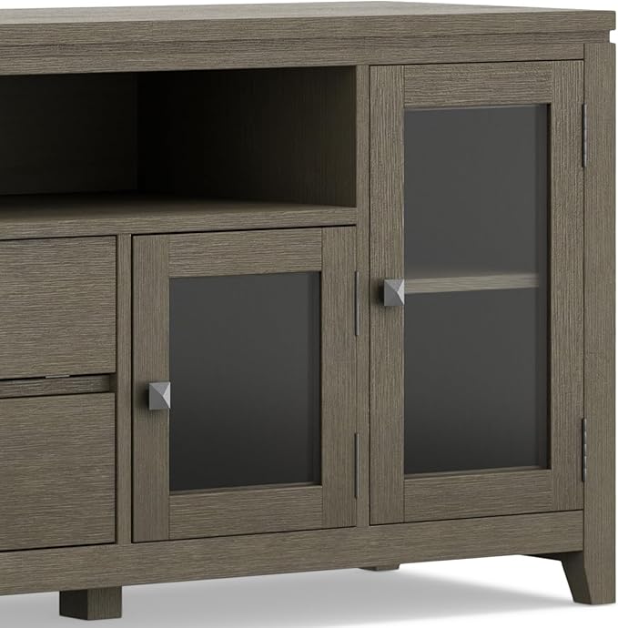 SIMPLIHOME Cosmopolitan SOLID WOOD Universal TV Media Stand, 72 inch Wide, Contemporary, Living Room Entertainment Center with Storage, for Flat Screen TVs up to 80 inches in Farmhouse Grey - LeafyLoom