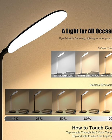 DEEPLITE Battery Operated Desk Lamp, LED Desk Light 3 Lighting Modes Stepless Dimming, Table Lamp 5W Touch Control Eye Caring, Flexible Gooseneck, Portable Reading Light for Dorm Study Office Bedroom - LeafyLoom