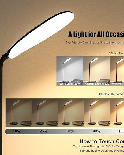 DEEPLITE Battery Operated Desk Lamp, LED Desk Light 3 Lighting Stepless Dimming, Table Lamp 5W Touch Control Eye Caring, Flexible Gooseneck, Portable Reading Light for Dorm Study Bedroom (Set of 2) - LeafyLoom