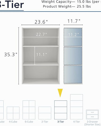 Apexa 3-Tier Cube Storage Organizer Shelves, Stackable Wood Bookcase Fits Cubby Bins for Organization, Dorm Teen Room Decor & Home Office, White - LeafyLoom