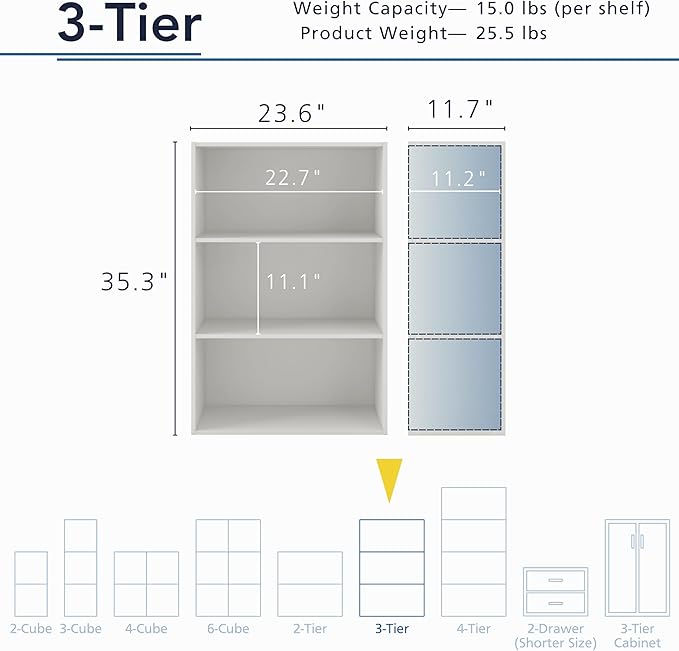 Apexa 3-Tier Cube Storage Organizer Shelves, Stackable Wood Bookcase Fits Cubby Bins for Organization, Dorm Teen Room Decor & Home Office, White - LeafyLoom