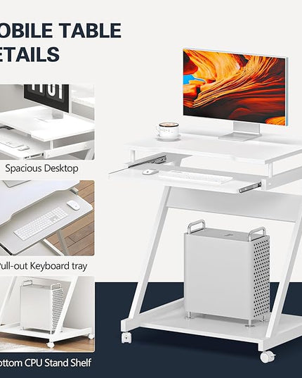 sogesfurniture Mobile Computer Desk Small Rolling Office Table Workstation with Printer Shelf and Keyboard Tray, Space-Saving Computer Desk with Storage Shelf for Home and Office (White) - LeafyLoom