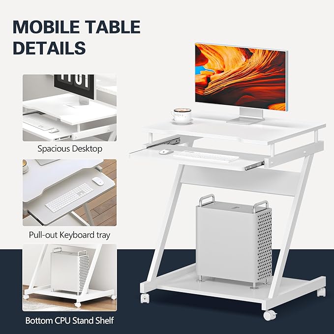 sogesfurniture Mobile Computer Desk Small Rolling Office Table Workstation with Printer Shelf and Keyboard Tray, Space-Saving Computer Desk with Storage Shelf for Home and Office (White) - LeafyLoom
