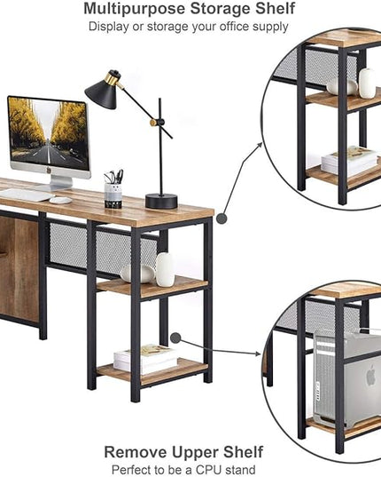FATORRI L Shaped Computer Desk, Industrial Office Desk with Shelves, Reversible Wood and Metal Corner Desk for Home Office (Rustic Oak, 59 Inch) - LeafyLoom