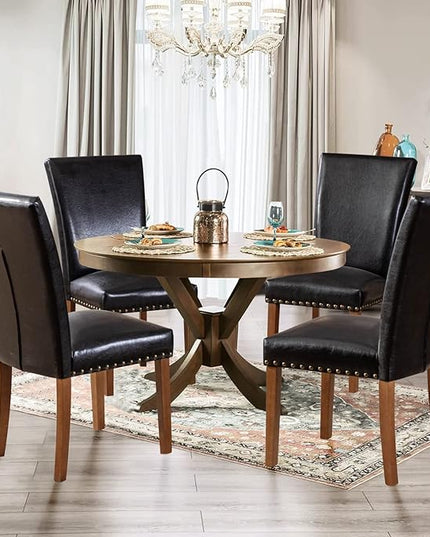 Parsons Dining Chairs Set of 4, Upholstered Nailhead PU Leather Dining Room Kitchen Side Chair with Thick Cushions and Wood Legs, Black - LeafyLoom