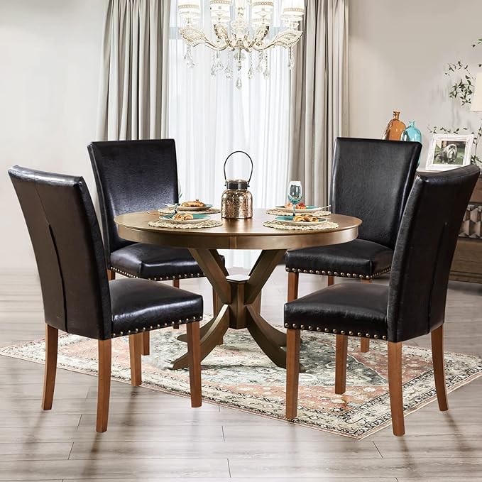 Parsons Dining Chairs Set of 4, Upholstered Nailhead PU Leather Dining Room Kitchen Side Chair with Thick Cushions and Wood Legs, Black - LeafyLoom